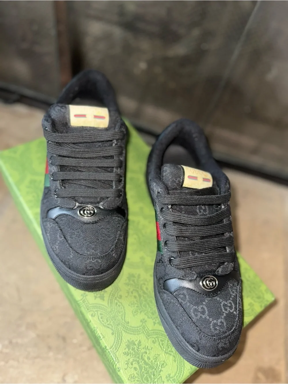 Gucci Black Low-Top Sneakers with Red & Green Web Stripe
